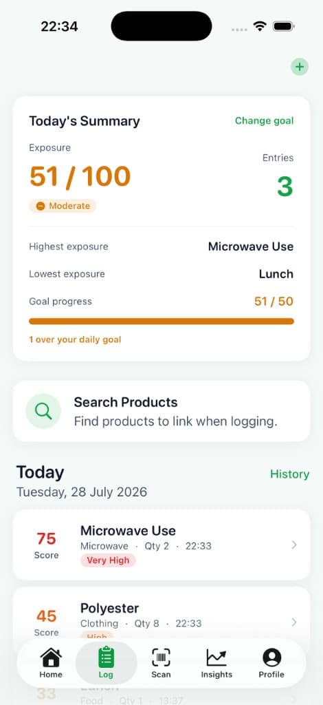 MicroTrack Log — today's entries and exposure scores